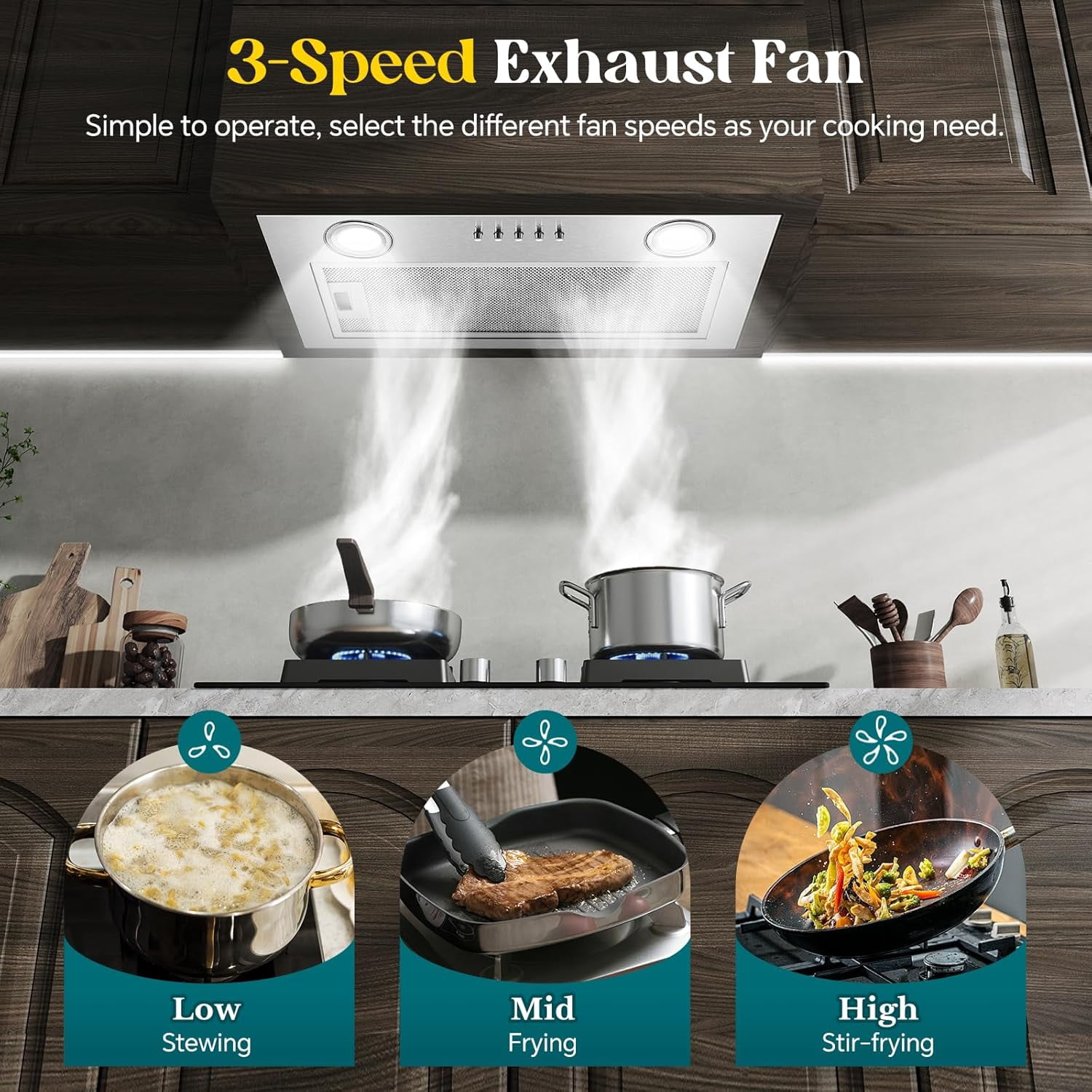 Range Hood Insert 20 Inch Built-in Kitchen Hood 600CFM Ducted/Ductless Convertible Vent Hood Insert with Mesh Filter, Push Button Control Stainless Steel Range Hood 3 Speed Fan