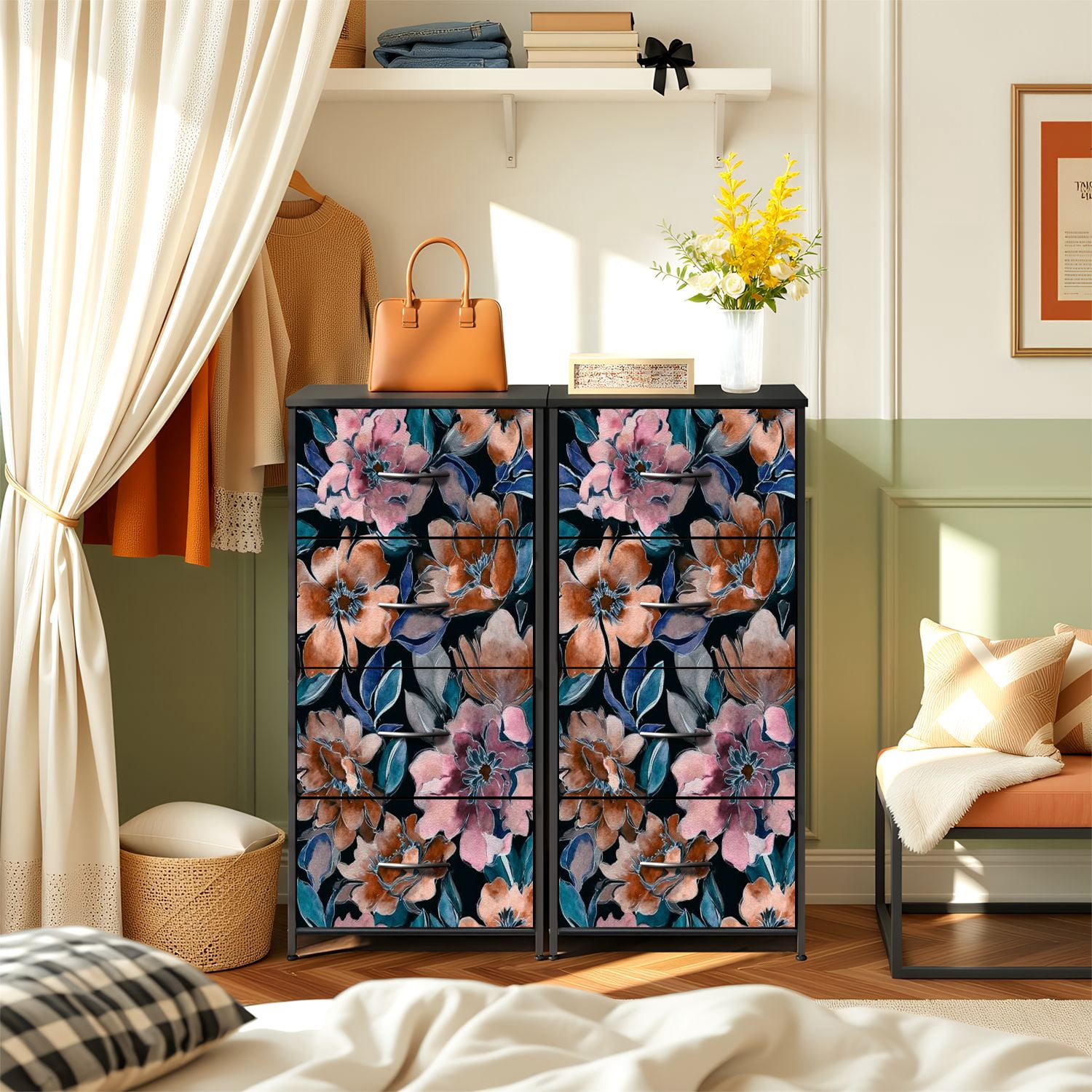 4 Drawer Vertical Storage Dresser Watercolor spring floral bouquets Vintage botanical with Wood Top Fabric Pull Drawers