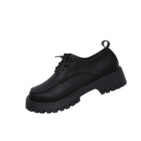 Black Chunky Heel Loafers For Women With Round Toe And Lace-Up Design, Ideal For Everyday Casual Outfits And Office Wear