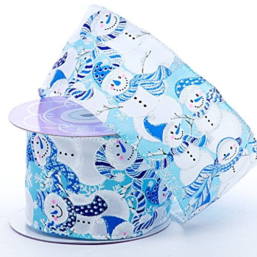Holiday Wired Christmas Tree Ribbon - 2 1/2' x 10 Yards, Light Blue Shiny Snowmen, Wreath