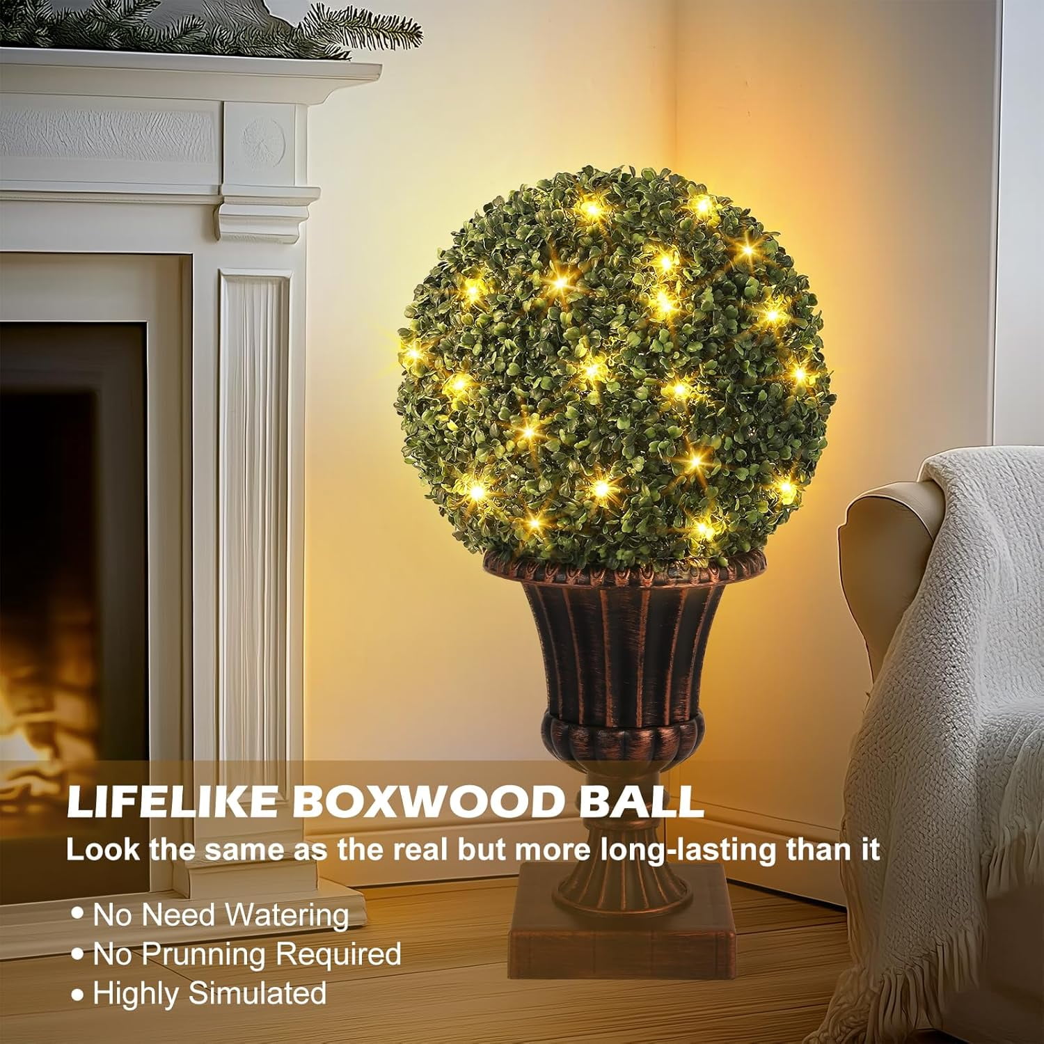 2 PCS 16 inch Artificial Plant Topiary Balls,Faux Boxwood Decorative Balls with Sturdy Pot Base,Pre-Lit Waterproof Fake Greenery Plants Ball for Backyard Garden Wedding Home Decor