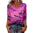 thumbnail image 2 of Halloween Shirts for Women Witch Hat Castle Print V-Neck Scary T-Shirt Bat Loose Fit 3/4 Sleeve Fall Vintage Tees L, 2 of 6