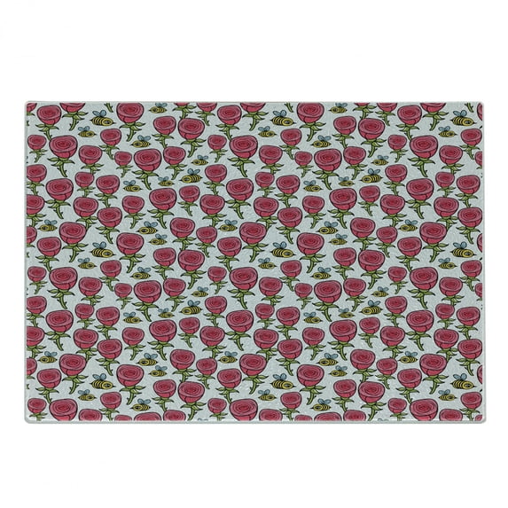 Bee Cutting Board, Pattern of Rose Buds Bouquets and Flying Bumble Bees with Human Eyes Cartoon Print, Decorative Tempered Glass Cutting and Serving Board, Small Size, Multicolor, by Ambesonne