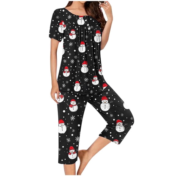 BLTIBY Women's Christmas Capri Pajama Sets Xmas Graphic Sleepwear Tunic Top with Capri Pants 2 Piece Cozy Comfy Pajamas Set Black XXL
