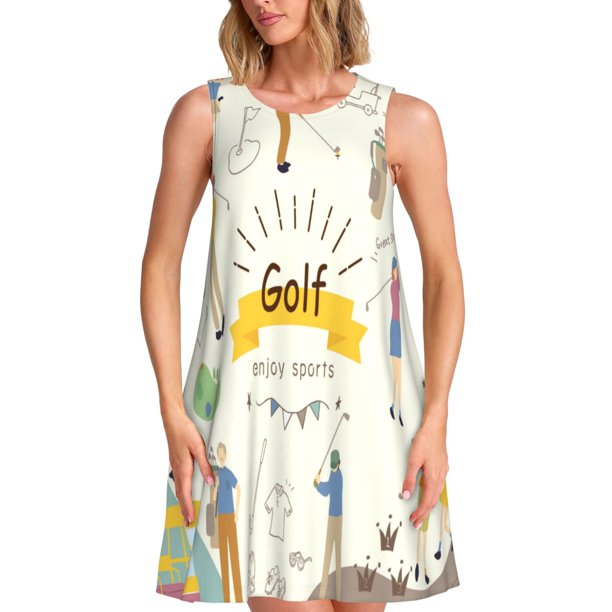 Fotbe Golf Icons And Golfer Vestido de Verano sin Mangas para Mujer – Vestido Midi Línea A, Estilo Camiseta Floral, Vestido Playero Casual y Fluido