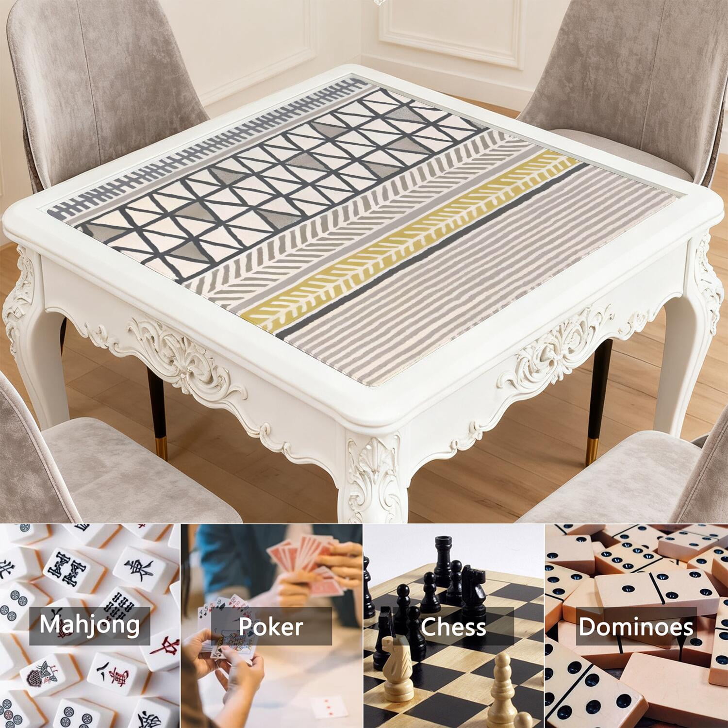 Classic Boho Pattern Non-Skid Mahjong Table Mat 31.5x31.5 Inch Rubber Playing Surface Reduces Noise with Anti-Slip Bottom for Card Games and Game Nights