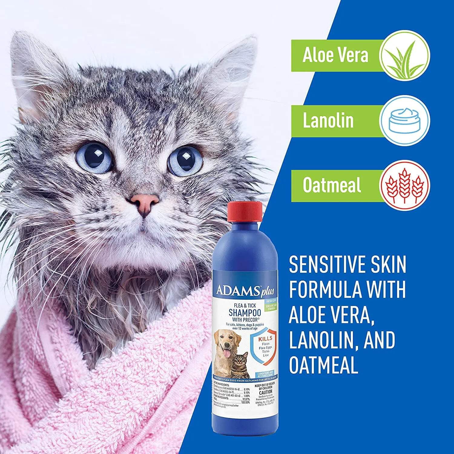 ADAMS Plus Flea & Tick Shampoo with Precor for Cats, Kittens, Dogs & Puppies Over 12 Weeks Of Age, Sensitive Skin Flea Treatment, 12 oz