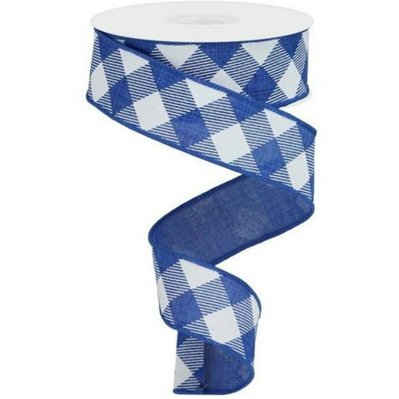 Diagonal Plaid Check Wired Edge Ribbon - 10 Yards Royal Blue, White, 1.5"