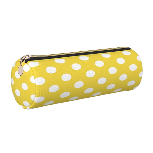 Easygdp Yellow And White Polka Dot para Estuche de Lápices Cilíndrico de Cuero con Cremallera, Organizador de Lápices de Cuero para Escuela, Oficina y Viajes
