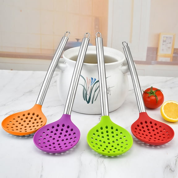 Walbest 13.58" Strainer Spoon Non-Stick Heat-Resistant Silicone Spoon & Stainless Steel Handle, Kitchen Utensil Silicone Slotted Skimmer Spoon Colander for Household
