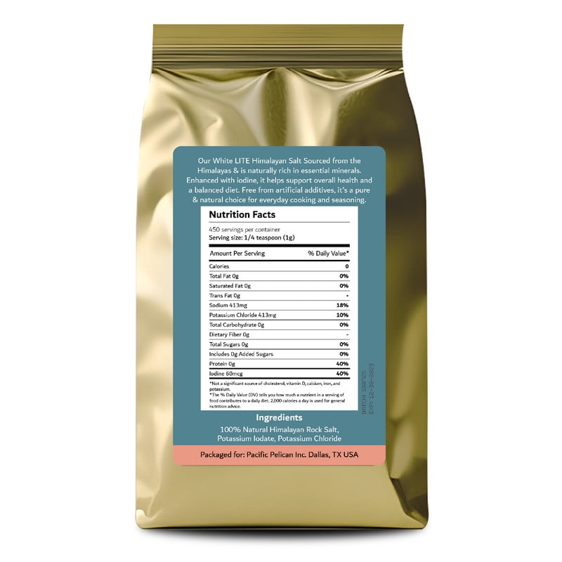 Pacific Pelican Iodized Lite White Himalayan Salt | 70% Less Sodium | Fine Grain, Unrefined, Pure Rock Salt, 100% Natural & Organic for Cooking, Seasoning & Wellness (1 LB) (Pack of 2)