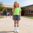 thumbnail image 3 of OGLCCG Girls 3 Piece Outfit Set Kids Short Sleeve Tshirt and Denim Shorts Socks Summer Casual Active Clothes Sets with Pockets 3-12 Years, 3 of 8