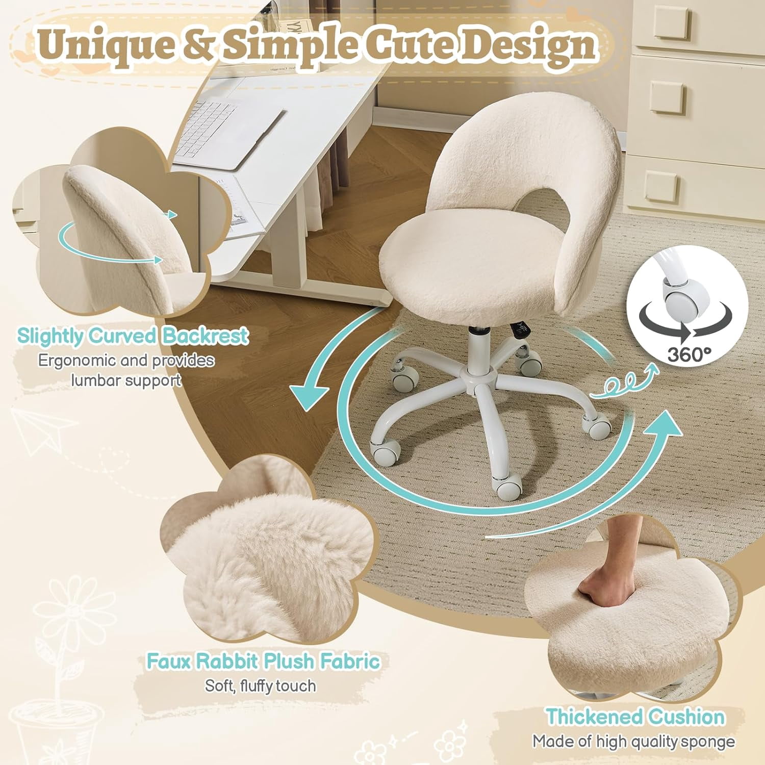 VINGLI Small Vanity Chair with Wheels for Girls.Cute Modern Adjustable Height Armless Office Desk Chair.360°Swivel Comfy Rolling Chair for Study, Make up Room,Small Space,Linen White