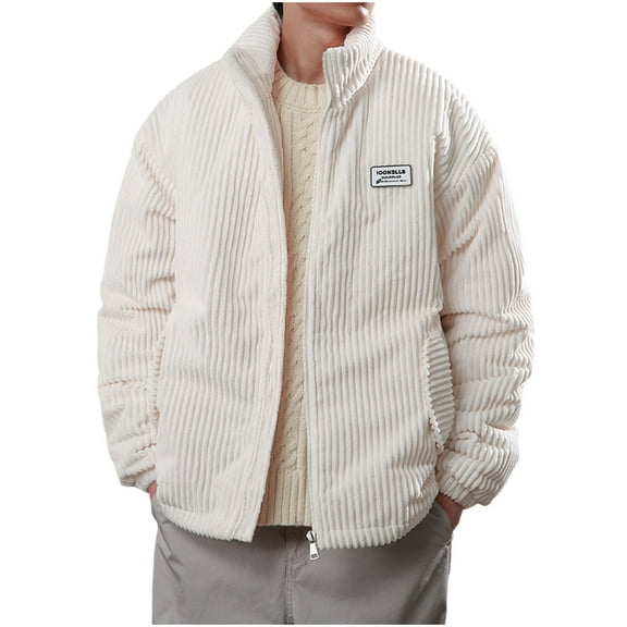 MELDVDIB Mens Quilted Coat Zip-Up Corduroy Fleece Lined Stand Collar Jacket Fall Winter Long Sleeve Lounge Outwear Tops with Pocket