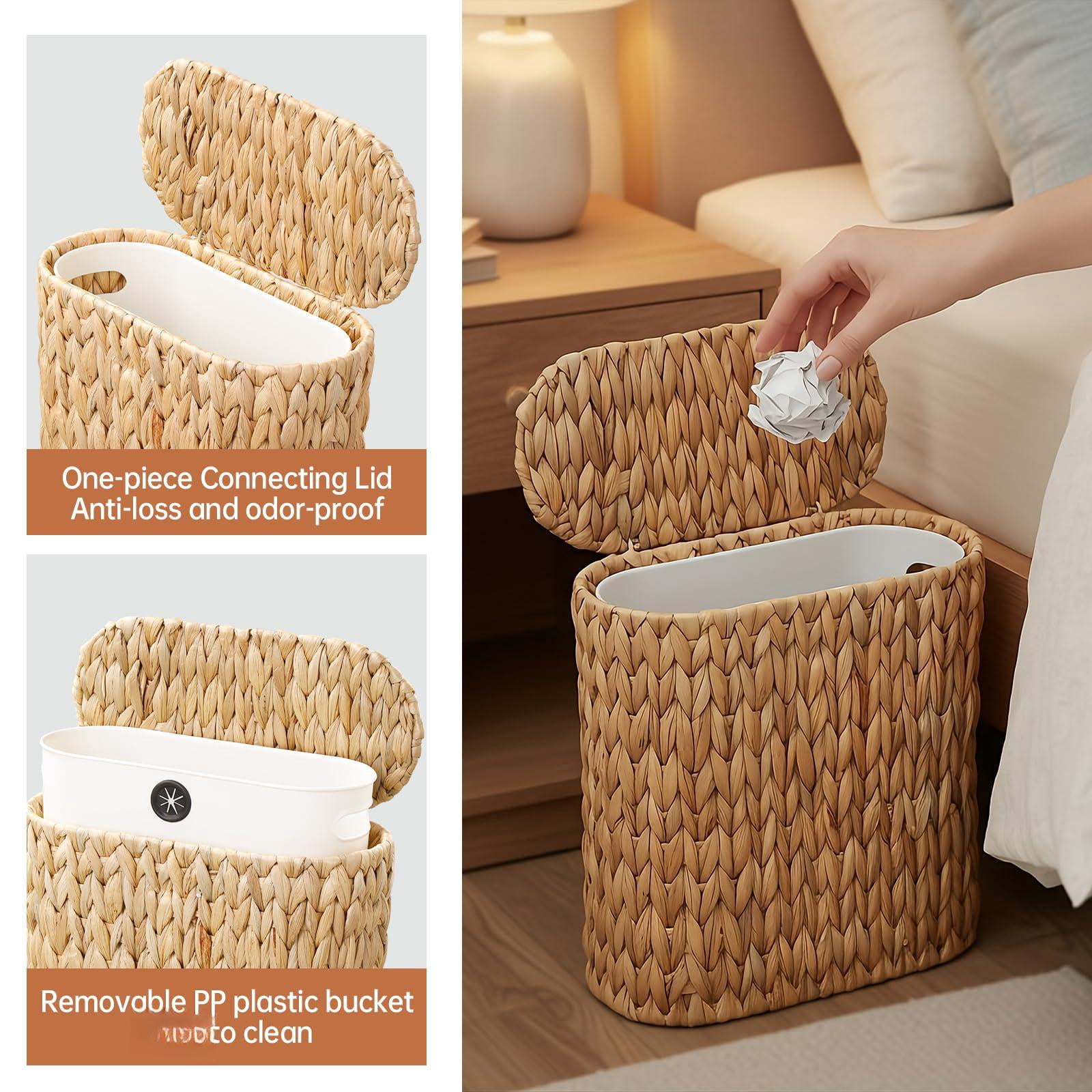 Wicker Bathroom Trash Can With Lid Narrow Rattan Waste Basket Removable Liner Bucket Slim Woven Water Hyacinth Garbage For Bedroom Office Small Spaces 3 Gallon