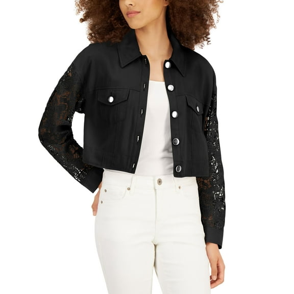 INC International Concepts Lace Sleeve Trucker Jacket Deep Black XS