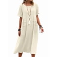 thumbnail image 3 of Womens Loose Fit Casual Linen Blend Solid Color Round Neck Short Sleeve Midi Dress Beach Khaki XL, 3 of 7