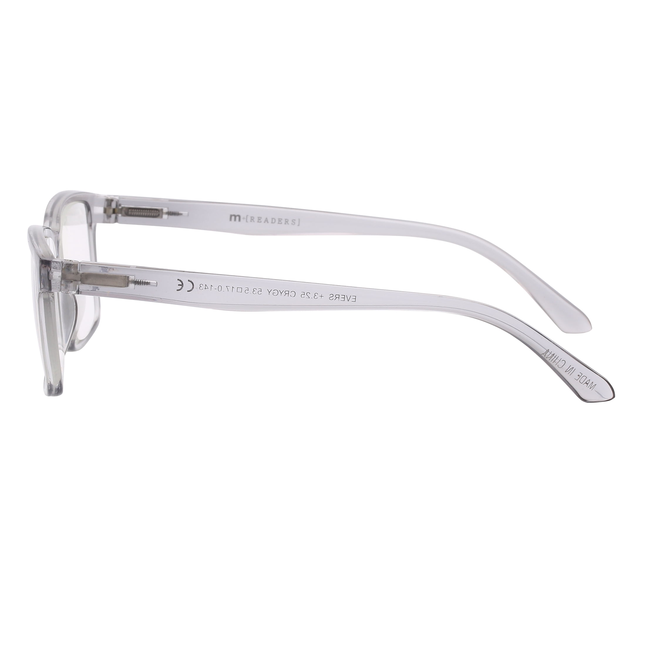 M+ Unisex Spring Hinge Plastic Reading Glasses Crygy 1.75 Evers in Crystal Grey with Pouch