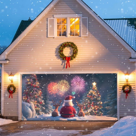 Santa Claus Snow Tree Christmas Garage Door Decorations, 6x13ft Garage Door Cover Banner with Grommets, Outdoor Garage Door Backdrop Mural for Holiday Party Wall Decor, Reindeer Fireworks