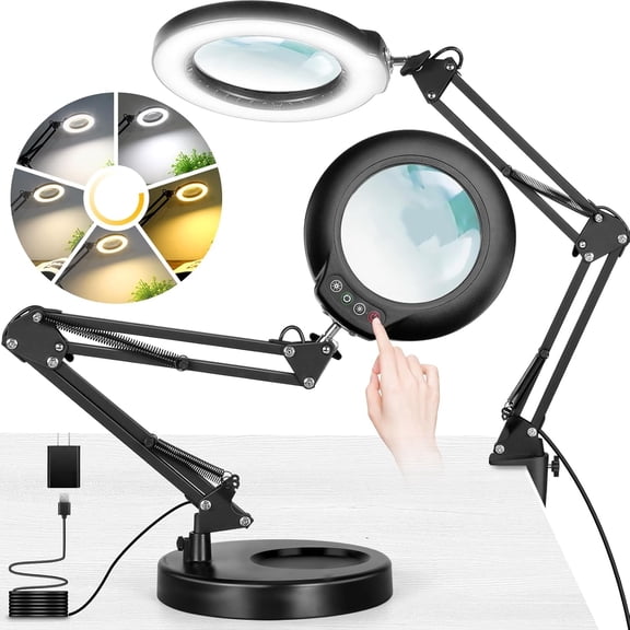 LED Magnifying Glass with Light and Stand, Optical Glass Lens, 5 Color Modes Stepless Dimmable, 2-in-1 Adjustable Swing Arm, Hands Free for Craft Hobby Painting Reading