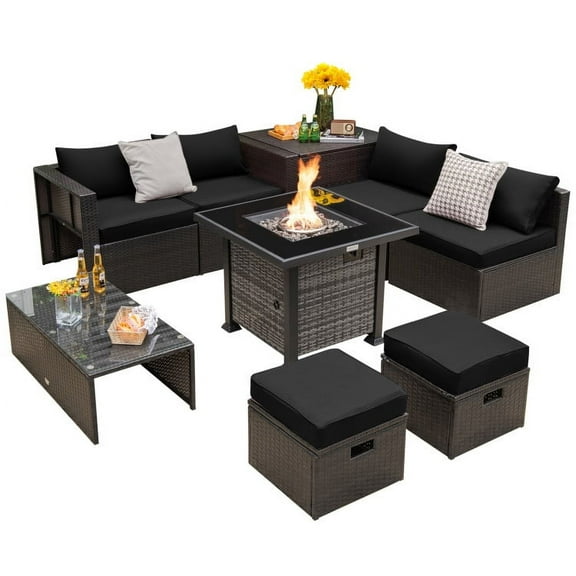 Topcobe Outdoor 9 Pieces Patio Furniture Set with Propane Fire Pit Table, Patio Furniture Sets, Black