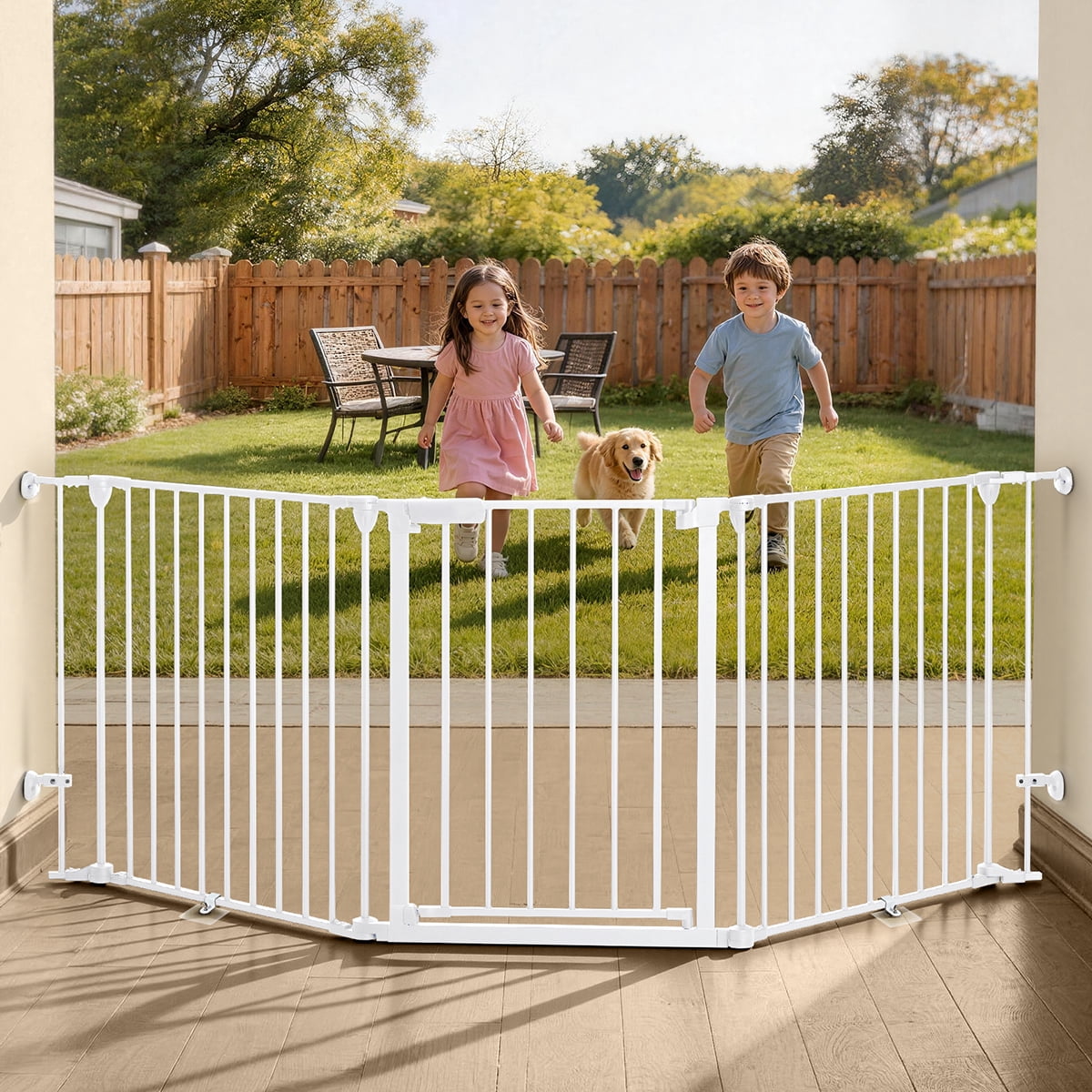 Pet Safety Gate, Caveen 3Panels 80" Extra Wide Iron Gates for Doorway Kitchen Playard, White