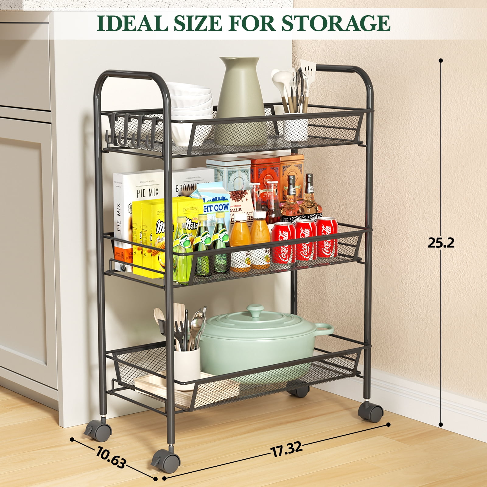 3-Tier Metal Slim Rolling Storage Cart, Bathroom Storage Organizer Rolling Utility/ Mobile Shelving Unit Slide Out Mesh Storage Cart for Office, Bathroom, Kitchen, Laundry Room & Narrow Places, Black