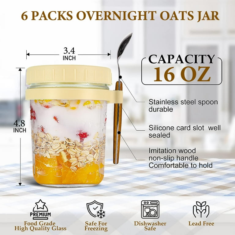 4 Pack Glass Overnight Oats Containers with Lids and Spoon, 16 oz