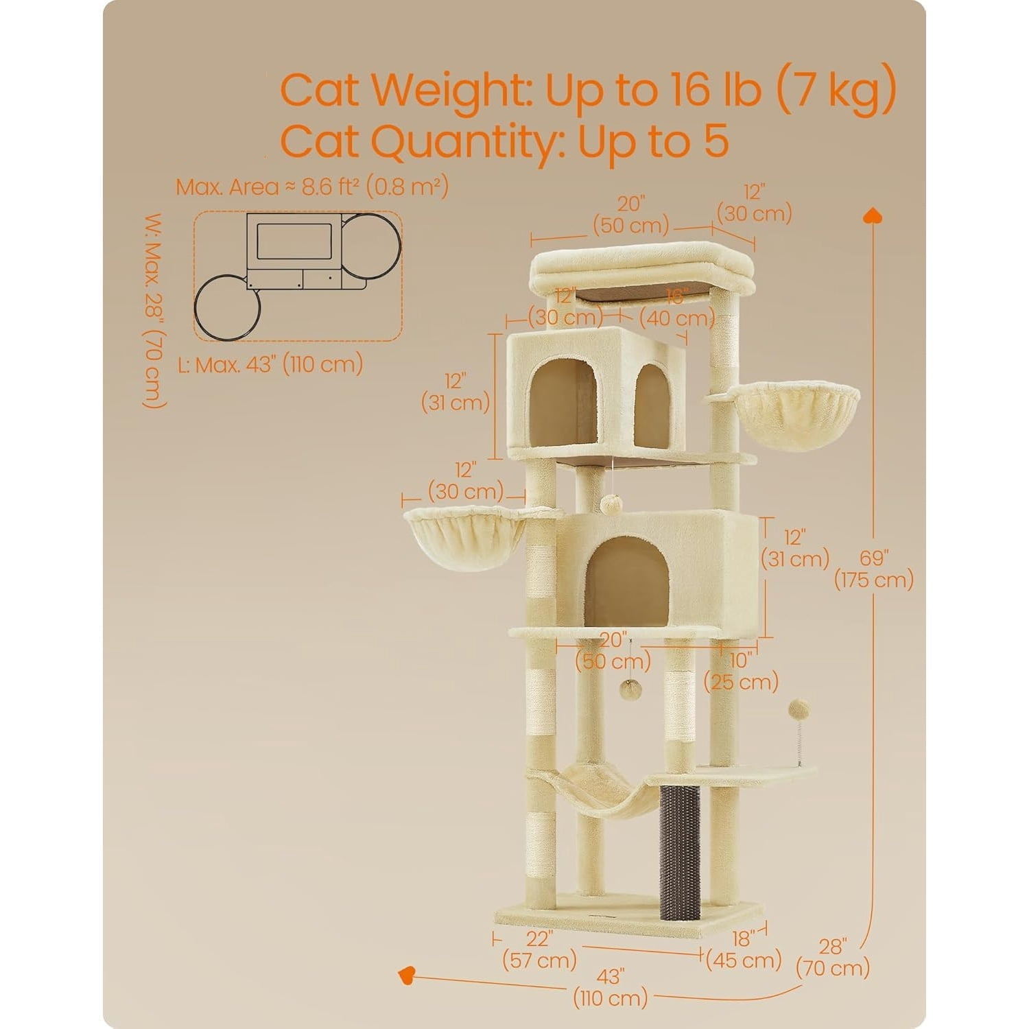 Cat Tree, 69-Inch Tall Cat Tower, Multi-Level Plush Condo with 2 Caves, 2 Baskets, 5 Scratching Posts, Self-Groomer, Perch, Hammock, Sand Beige