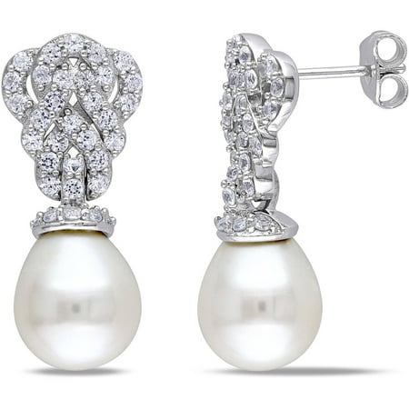 Miabella 9-9.5mm White Rice Cultured Freshwater Pearl and 1-1/3 Created White Sapphire Sterling Silver Dangle Earrings