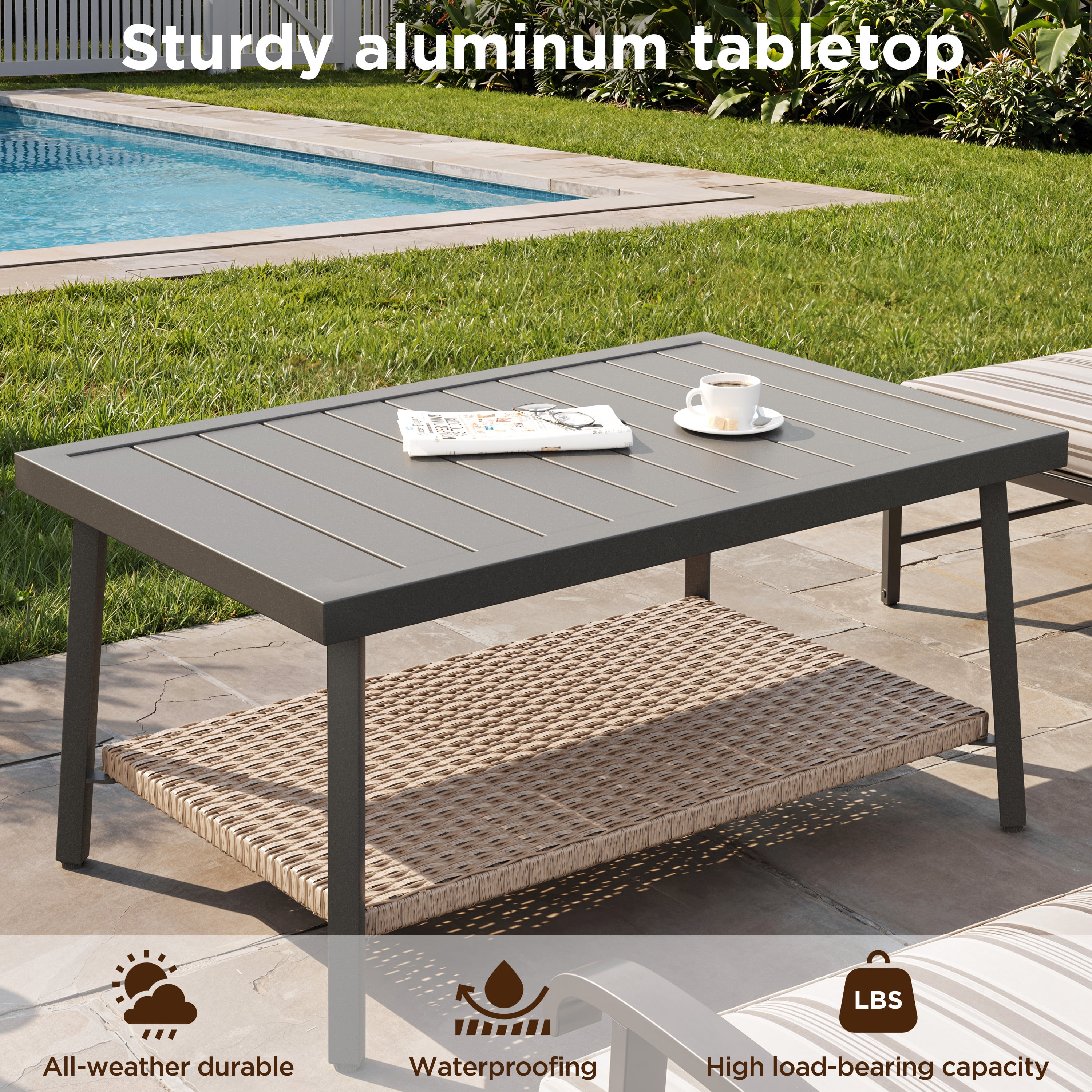 NestNook Outdoor Coffee Table, Rectangular Patio Table with aluminum  Top and Metal Frame for Garden, Deck, Balcony