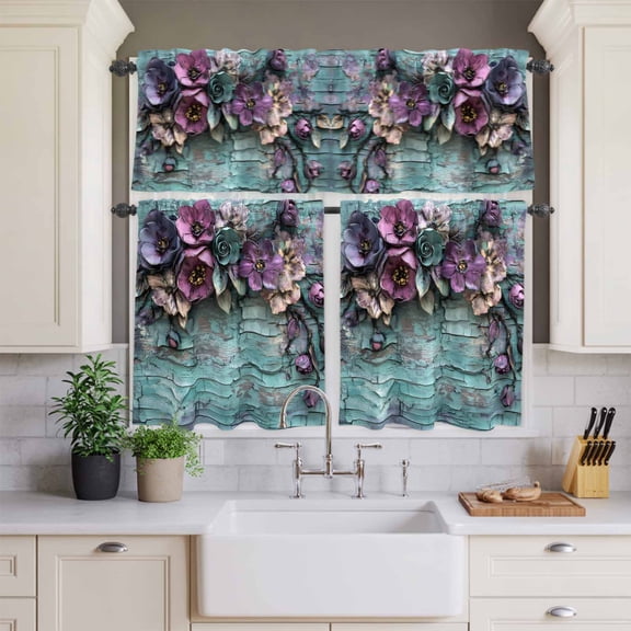 Vintage Flower Teal Mottled Wall Curtain Tier and Valance Set 3 Piece,Retro Floral 3-inch Rod Pocket Window Tier Curtains Valance for Kitchen Living Room