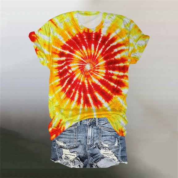 Homenesgenics Womens Tops Plus Size 4x 5x Party Shirts Digital Tie-Dye Print Short-Sleeve Cute Round-Neck Summer T-Shirts Casual Tee Yellow XXXL