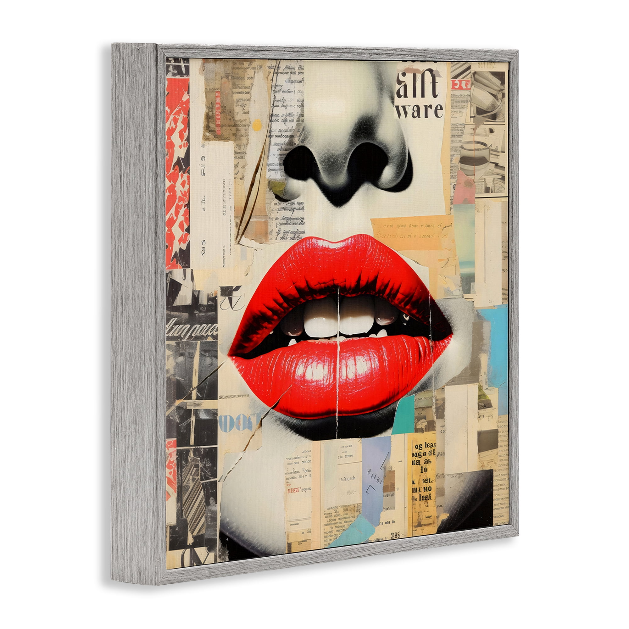 Stupell Industries Fashion Collage with Scarlet Lips Gray Framed Giclee Art, design by Creative Studio