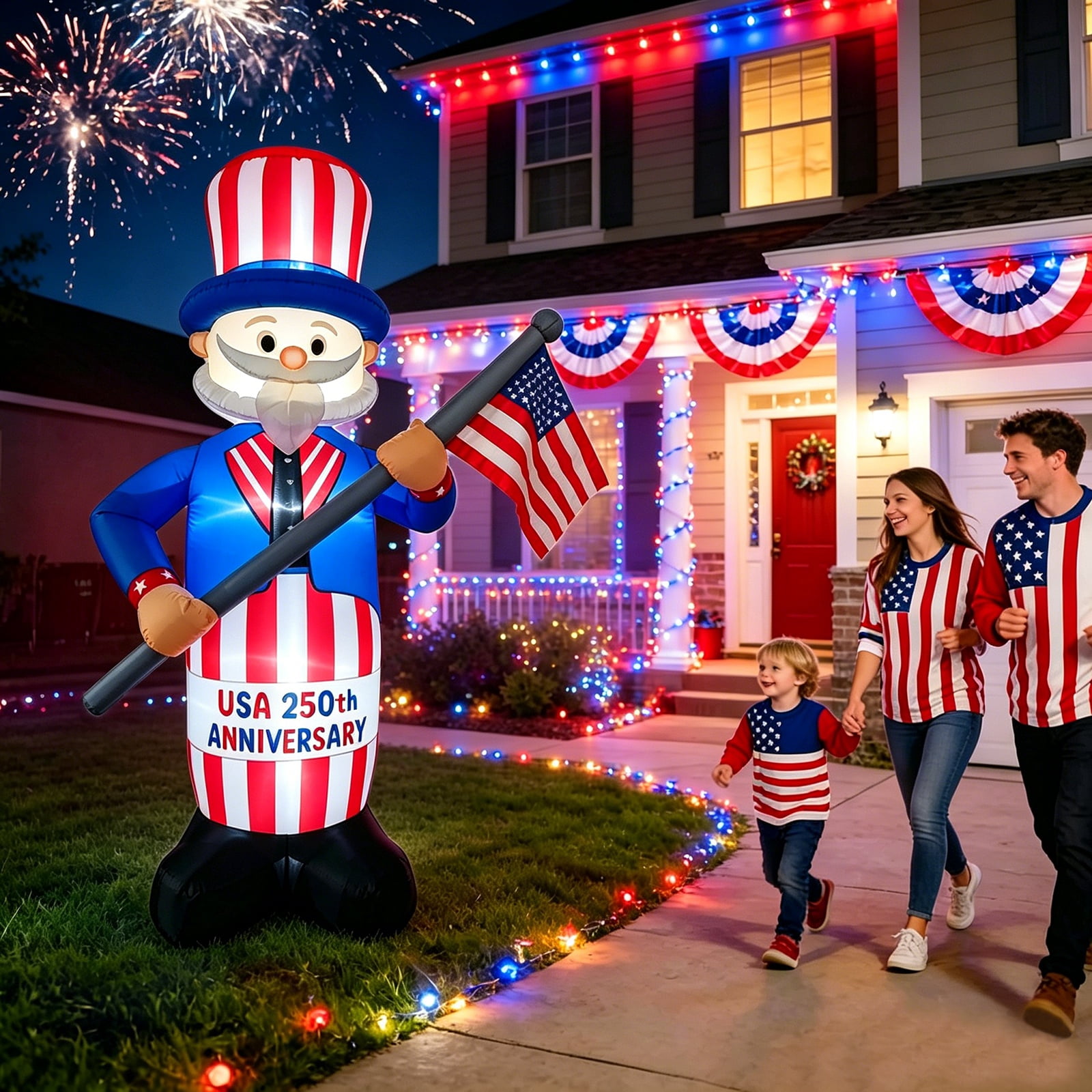 8FT 250th Anniversary 4th of July Inflatables Outdoor Decorations Patriotic Blow up Yard Decorations with LED Lights Fourth of July Memorial Independence Day Party Garden Holiday Outside Decor