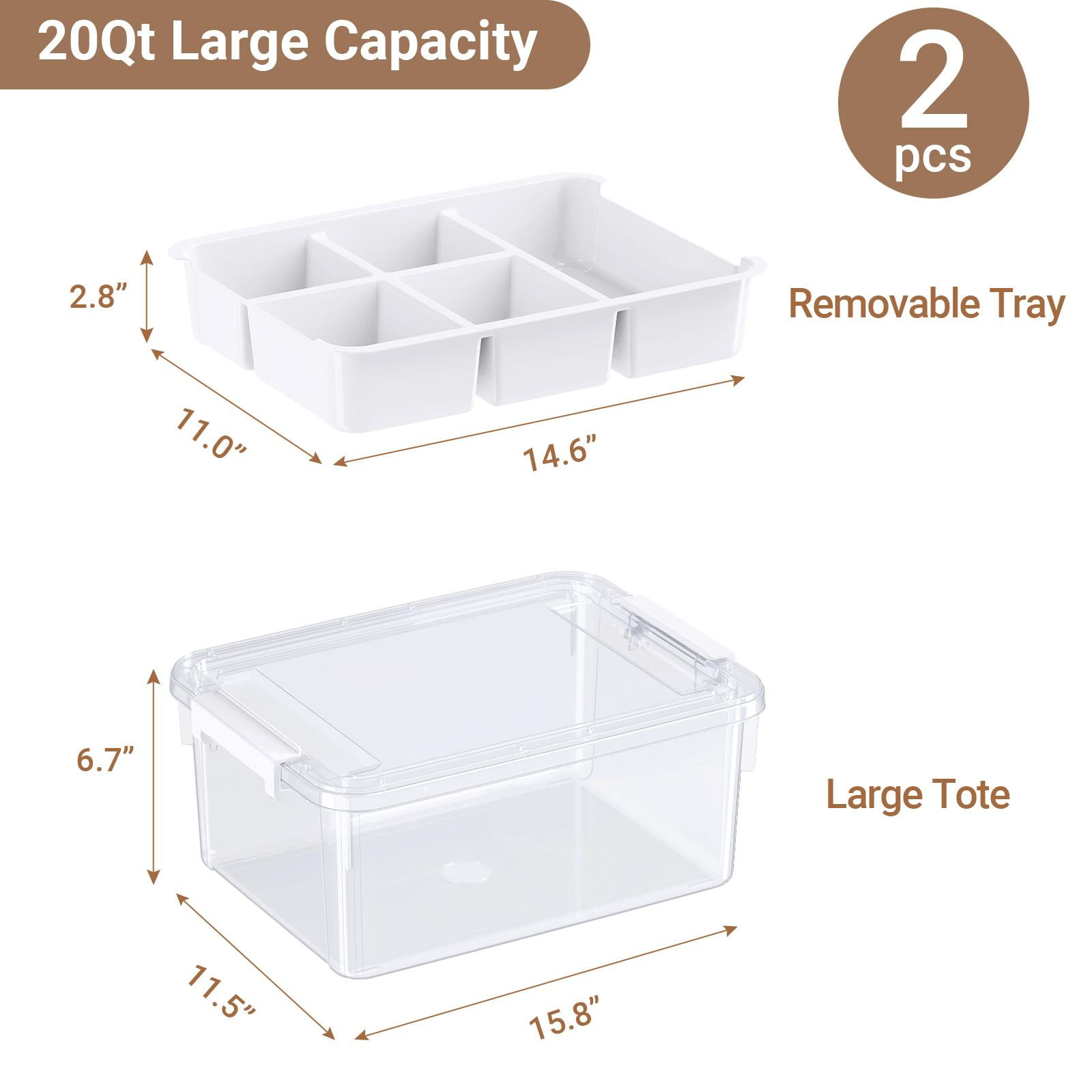 Hometuk 40Qt Stackable Storage Bins with Lids & Trays, Clear Plastic Latching Boxes Organizers with Dividers Portable 10Gal Containers for Arts & Crafts, Home and Car Trunk Organization, 2Pack