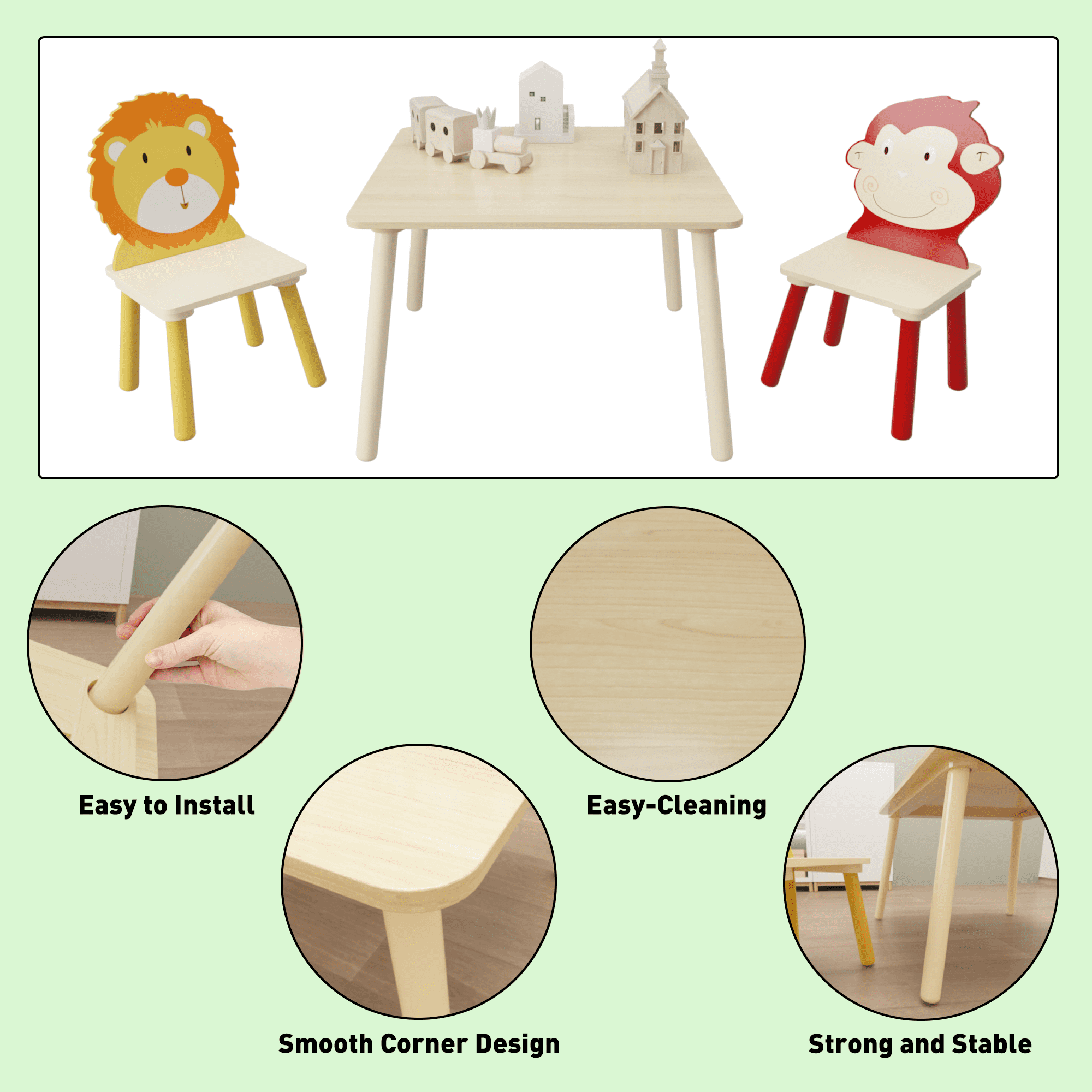 Aukfa Kids Table and Chairs Set, Wooden Play Table with 2 Animal Chairs for Toddlers, Girls, Boys
