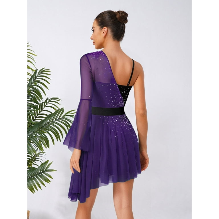 Zaldita Women's Ice Figure Skating Dress One Flare Sleeve Rhinestone Mesh  Lyrical Dancewear Purple XL - Walmart.com