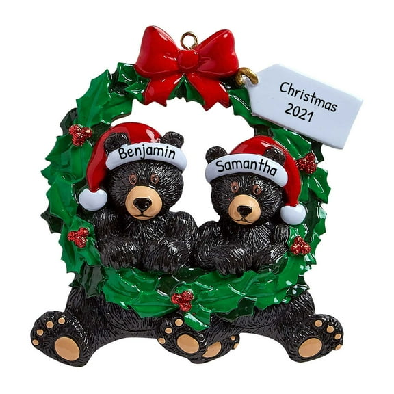 Ornaments by Elves Personalized Bear Couple Christmas Wreath Ornament 2024 Santa Hat Decor .25lbs