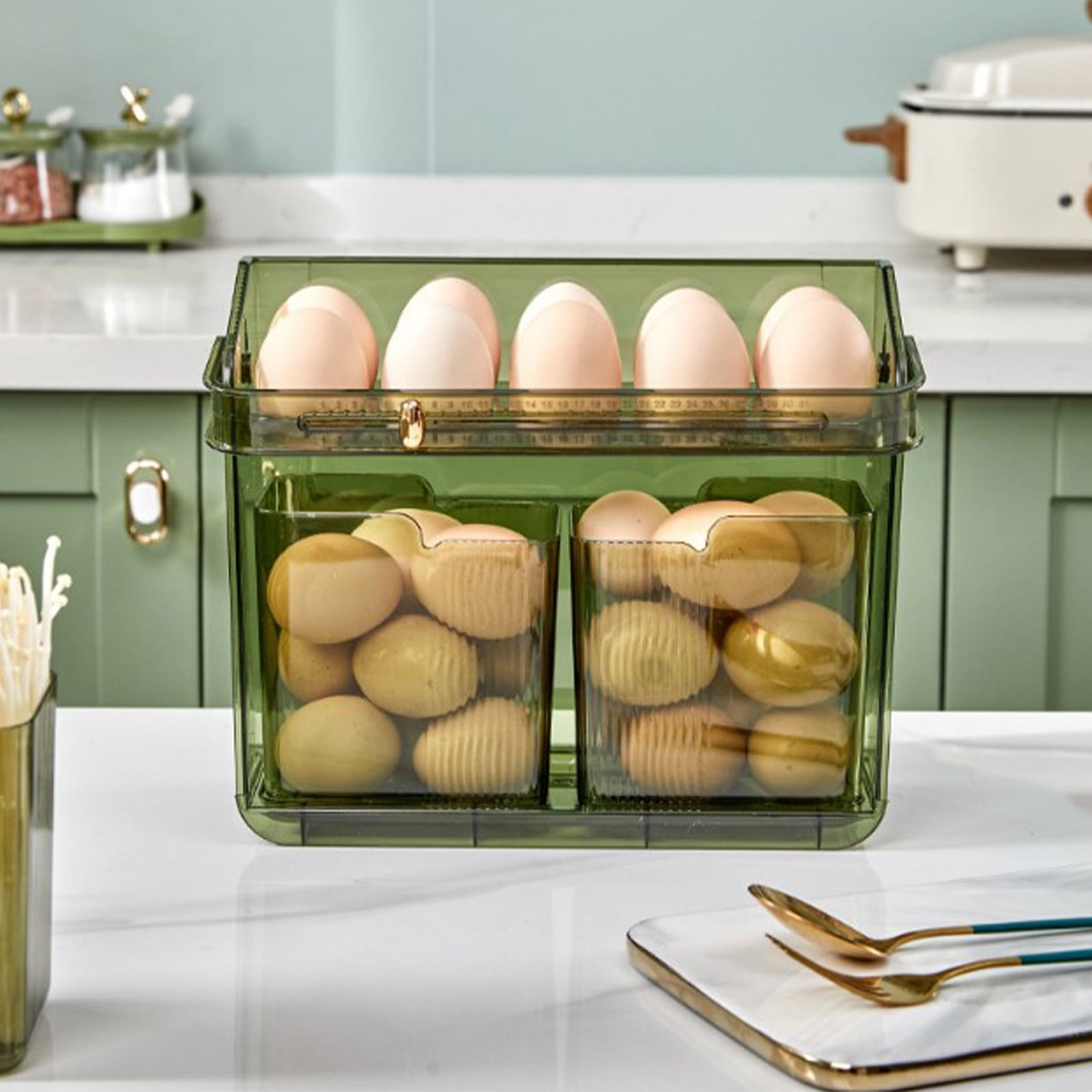 Refrigerator Door Egg Container,Multi Layer Egg Holder Rack,With Handle Storage Organizer,Stackable Anti Break Egg Tray,Fridge Countertop Organizer Box,Space Saving Fresh Keeper