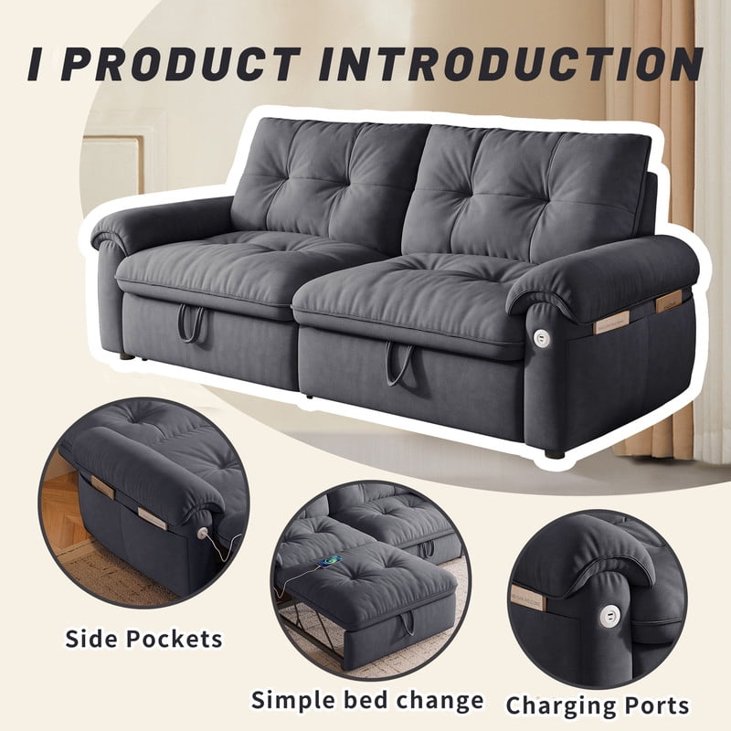 77.2" Convertible Sofa Bed, 2-in-1 Full Size Sleeper Sofa, Plush Upholstered Loveseat with USB Charging Ports & Side Pockets, Steel Frame Pull-Out Couch for Living Room, Bedroom, Apartment