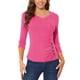 thumbnail image 1 of Blusa de mujer con fruncidos INSPIRE CHIC, decoración de botones, cuello en V, manga 3/4, top de punto sólido, 3XL, rosa intenso, 1 of 6
