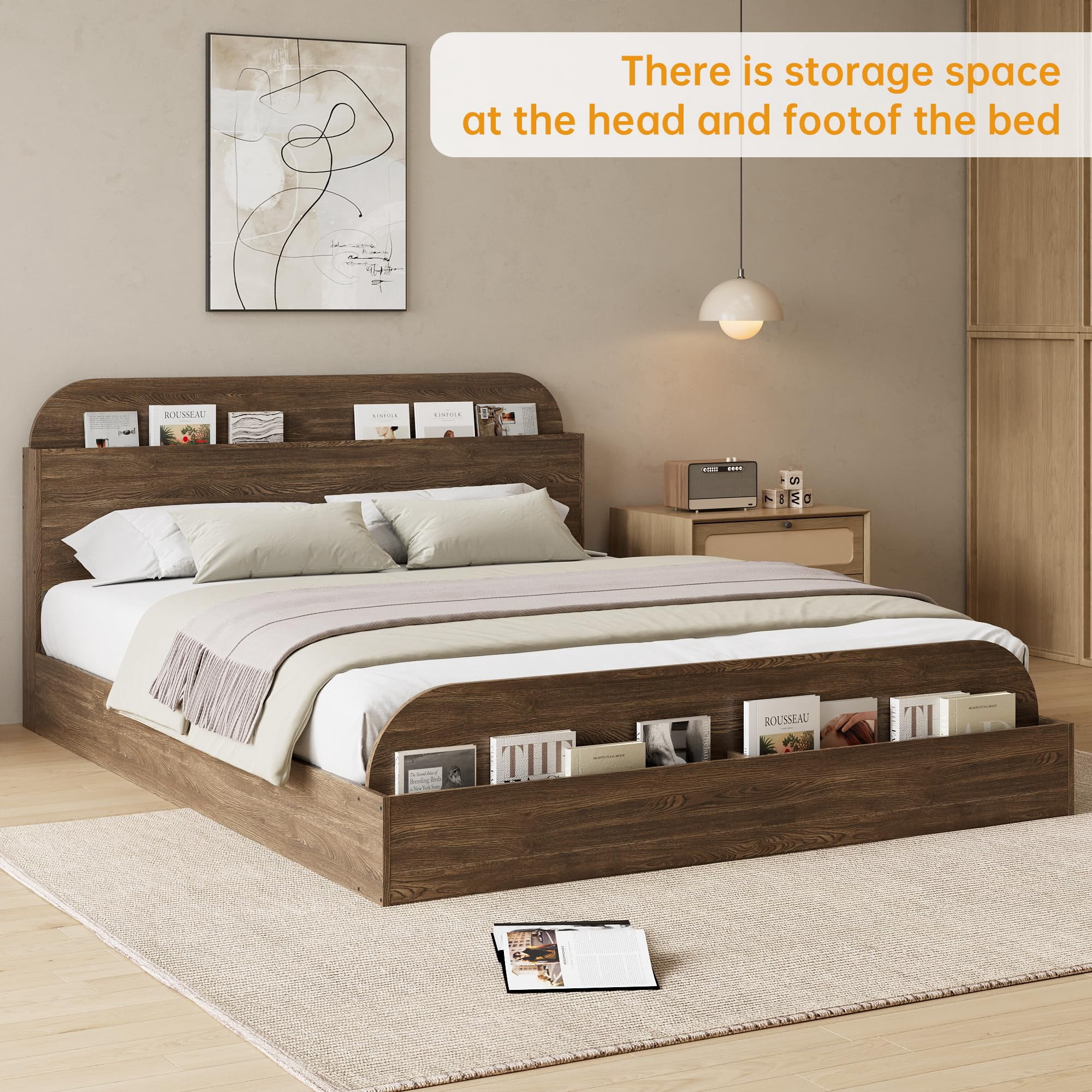 Kicctian Full Size Wooden Platform Bed Frame with Storage Headboard & Footboard – Sturdy Slats, No Box Spring Needed , Brown