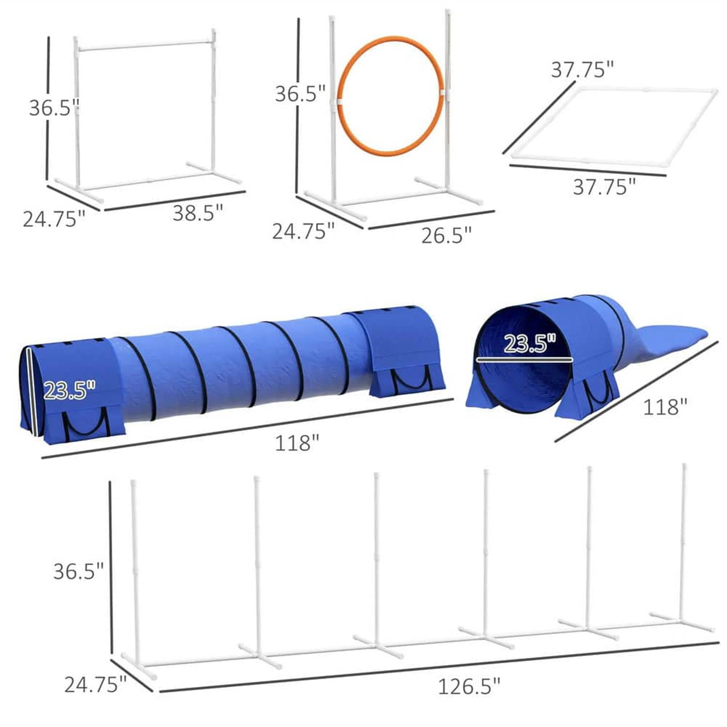 Kadyn 7 Piece Dog Agility Training Set with Tunnels, Weave Poles, Adjustable Hurdle, Jumping Ring, Pause Box for Indoor Outdoor Play, Blue