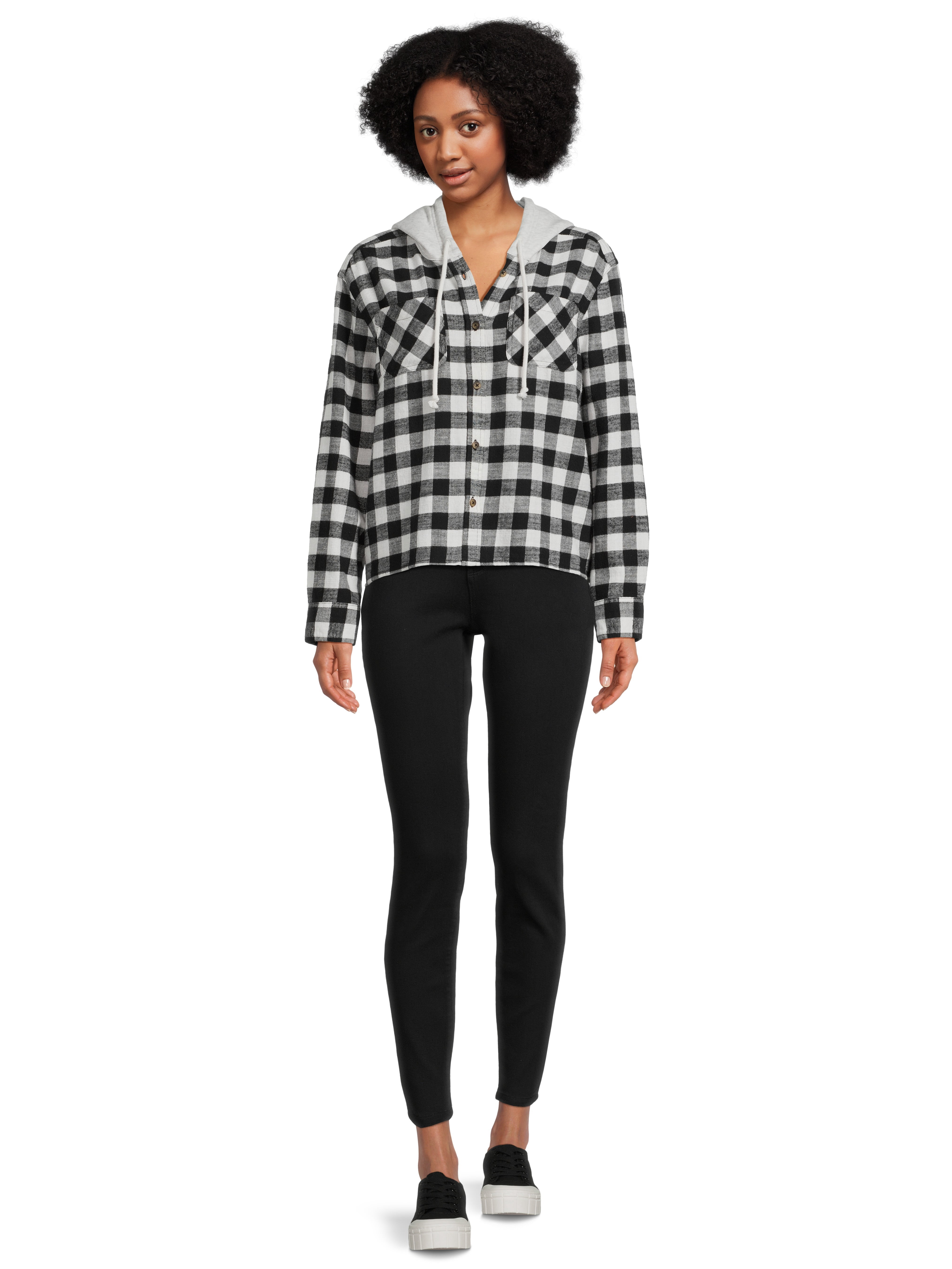 Time and Tru Women's Hooded Crop Flannel Shirt, Sizes XS-XXXL