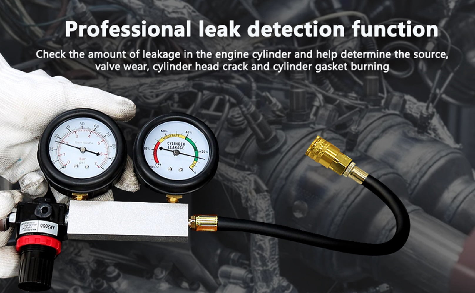 Cylinder Leak Down Tester Kit,Automotive Engine Pressure Gauges Compression Test Leakage Detector Tool Set - Light Red (TU-21)，Brass