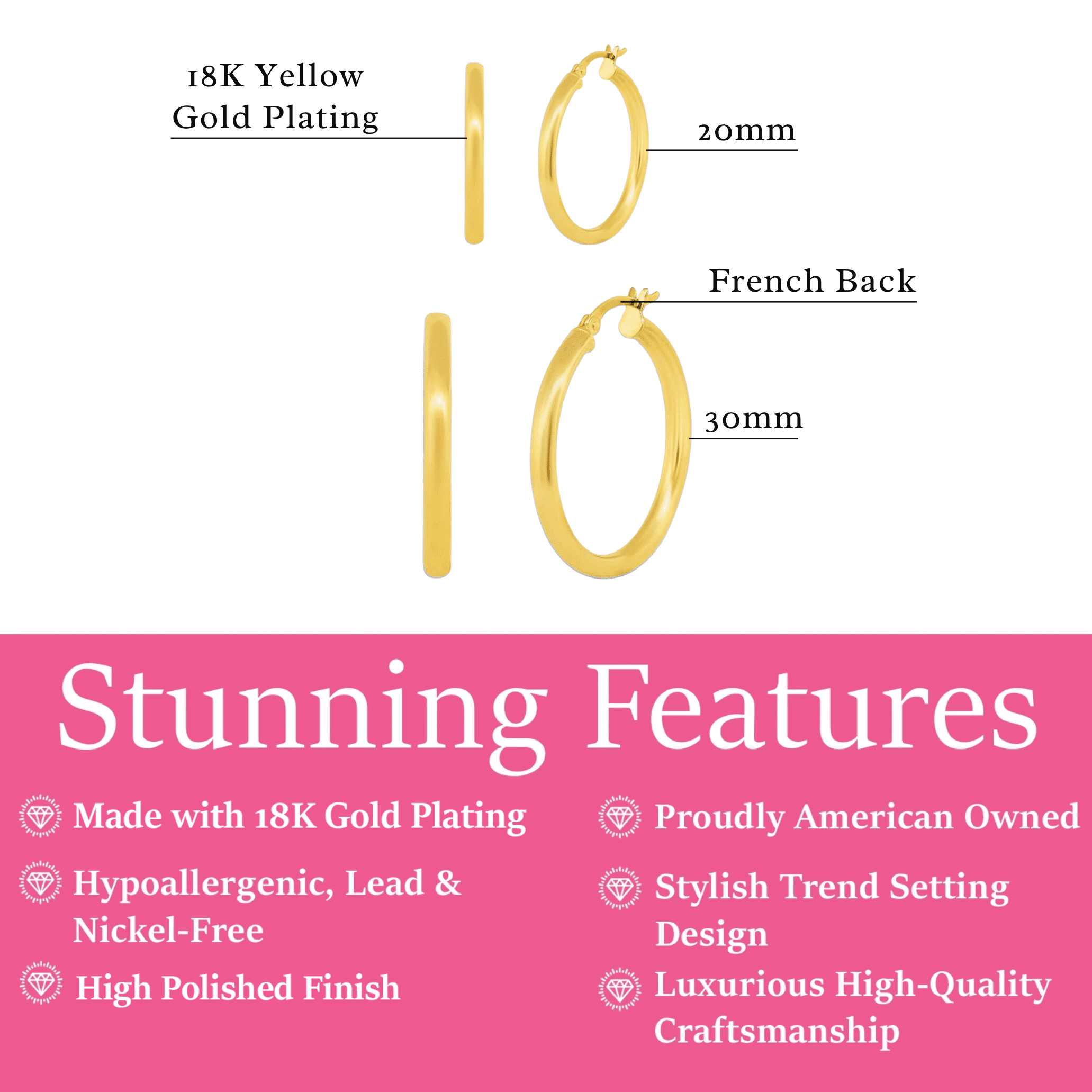 Cate & Chloe Pack of 2 - Amy 18k Yellow Gold Plated 20-30mm Hoop Earrings for Women