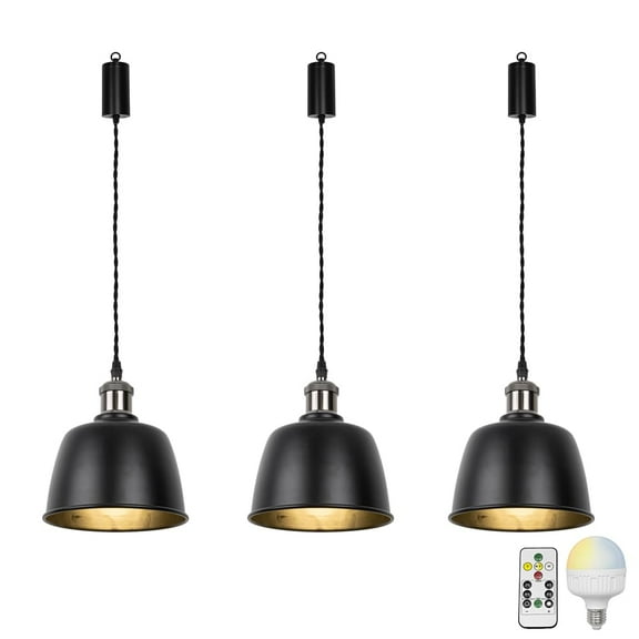 KAYYELAMP 3-Pack Remote LED Bulb Rechargeable Battery Adjusted Cord Hanging Light Dimming Timing Black Base Black Shade Retro Design for Kitchen Farmhouse