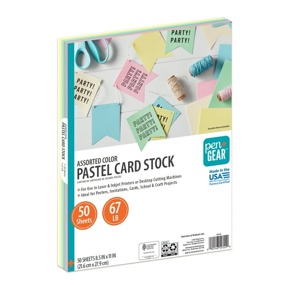 Pen+Gear Assorted Pastel Card Stock, 8.5" x 11", 67 lb, 50 Sheets