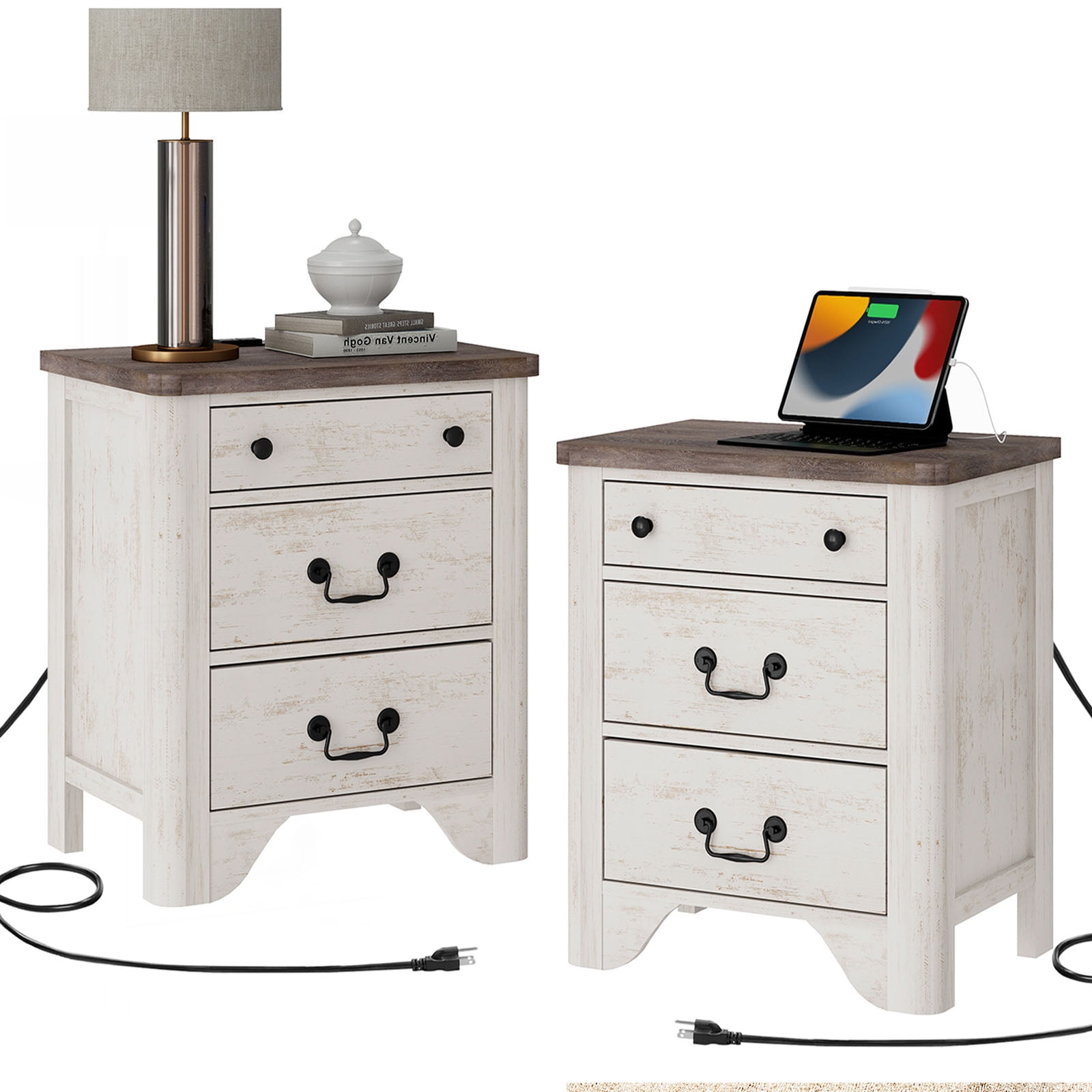 WAMPAT Farmhouse 3-Piece Bedroom Set, 47.2" Wood 6-Drawer Dresser and Nightstand Set of 2 with Charging Station for Bedroom,Living Room,White